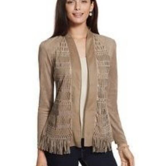 Chico's Women's XL Tan Faux Suede Fringe Lattice Ribbon Cutout Jacket - Picture 1 of 11
